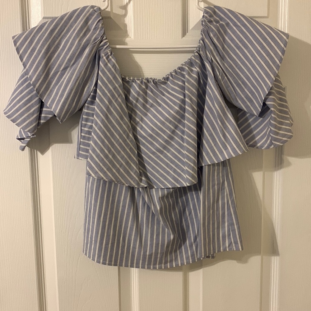 WAYF blue and white striped off the shoulder blouse, size XS